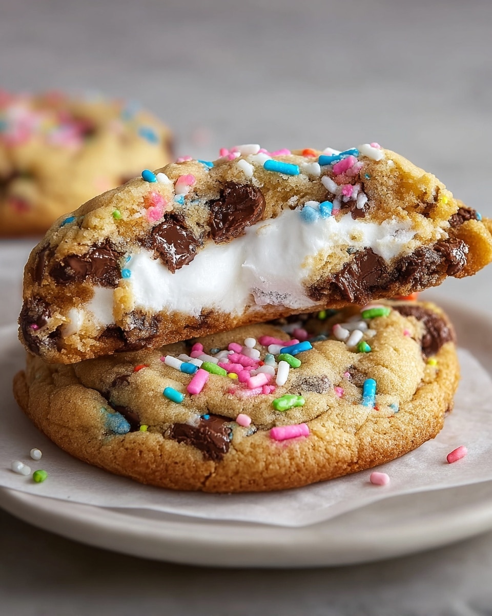 Large white plate piled with whole soft chocolate chip cookies embedded with colorful sprinkles, each cookie thick and chewy with visible pockets of melted chocolate and fluffy marshmallow filling inside, presented in an abundant stack on white marble countertop under natural light, professional food magazine hero shot photo taken with an iphone --ar 4:5 --v 7