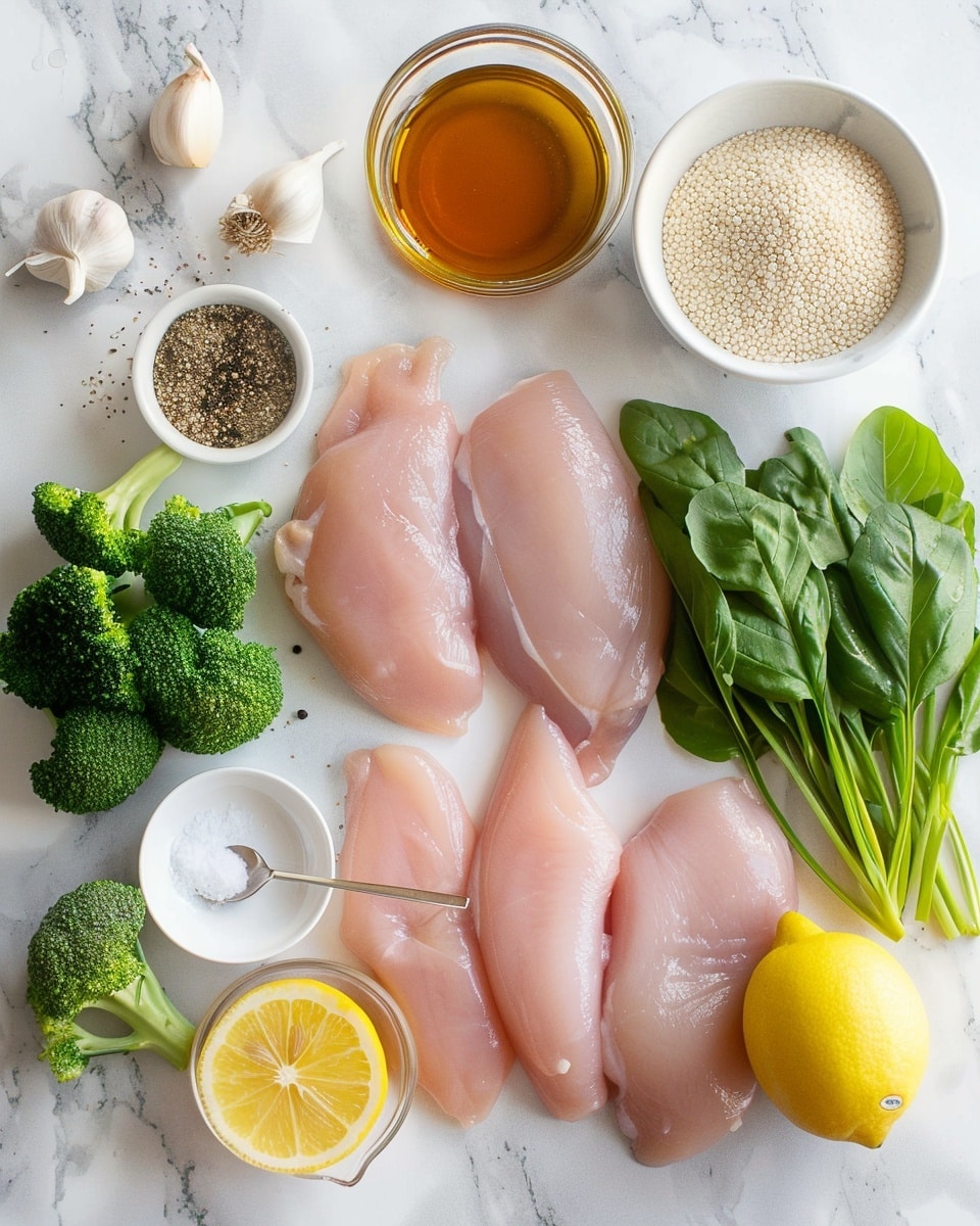 Single white bowl filled with a plated serving of seasoned chicken pieces, vibrant green steamed broccoli florets, and a portion of fluffy cooked quinoa, close-up angle emphasizing the golden sear on the chicken, the textured broccoli, and the individual quinoa grains, placed on a white marble surface under natural lighting, styled as a fresh, ready-to-eat meal, photo taken with an iphone --ar 4:5 --v 7