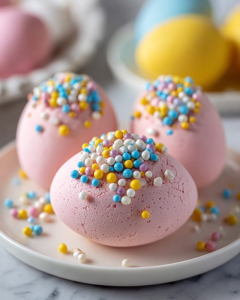 White round plate filled with an assortment of colorful Easter egg-shaped confections in pastel pink, blue, and yellow, each decorated with vibrant, multi-colored sprinkles and chocolate chips, arranged neatly to showcase the full variety of textures and colors, with additional small bowls of sprinkles blurred in the background on a white marble surface, natural soft lighting emphasizing the festive and playful appearance, professional food magazine hero shot, photo taken with an iphone --ar 4:5 --v 7