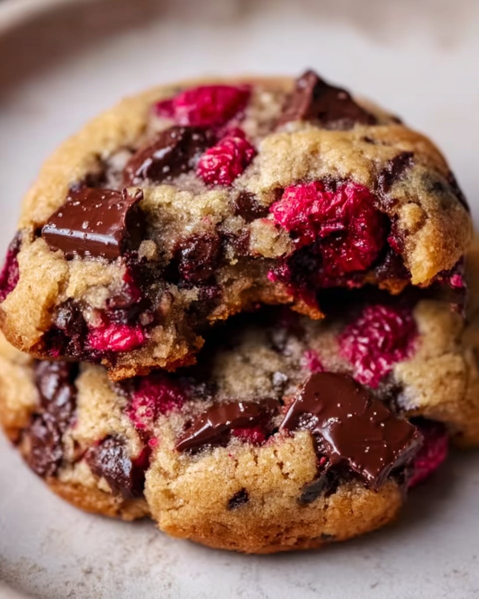 A white serving plate filled with a neatly arranged stack of large, freshly baked chocolate chip raspberry cookies, each cookie golden-brown with melted dark chocolate chunks and vibrant whole raspberries embedded on top, showcasing a soft and chewy texture, photographed from a 3/4 angle on a white marble background with natural lighting, styled like a hero shot in a food magazine, photo taken with an iphone --ar 4:5 --v 7