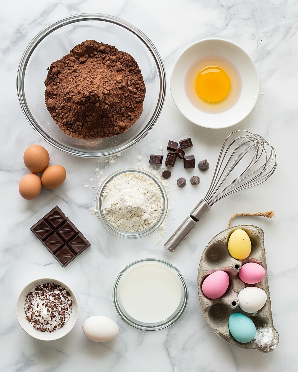 Single slice of rich chocolate cake on a white plate, revealing moist layered interior with creamy chocolate ganache between layers and a smooth glossy chocolate frosting coating the slice, topped with a small chocolate nest and pastel-colored candy eggs for decoration, close-up angled view emphasizing the cake’s texture and layers, placed on a white marble surface with natural lighting, styled like a food blog serving, photo taken with an iphone --ar 4:5 --v 7