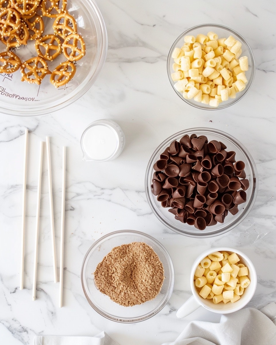 Single white plate featuring one decorated pretzel flower lollipop with pink icing petals and a yellow candy center, held upright by a striped green and white paper stick adorned with a green paper leaf, photographed in a close-up shot against a white marble background, natural lighting highlighting the vibrant colors and glossy texture of the icing, styled as a single ready-to-eat serving, photo taken with an iphone --ar 4:5 --v 7