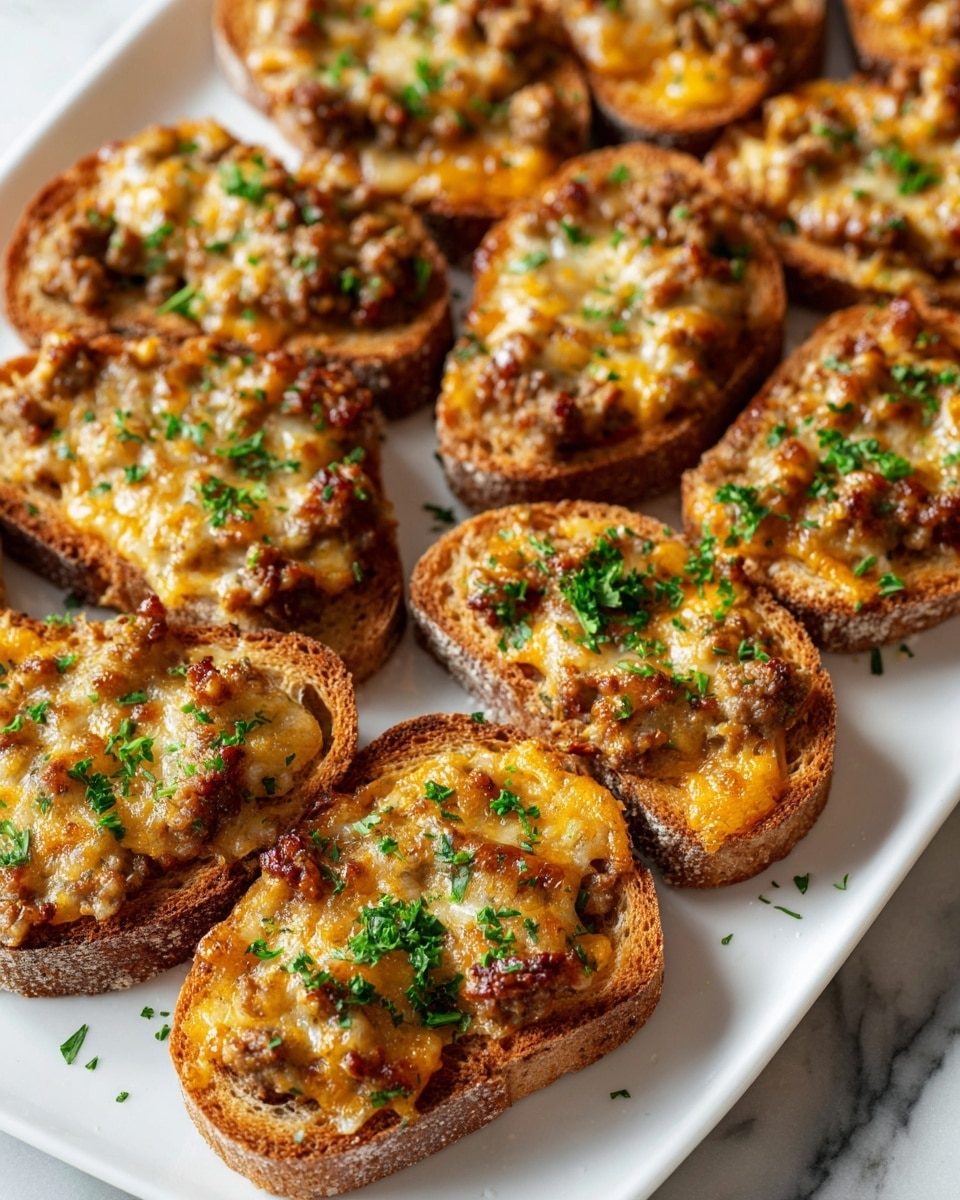 Multiple slices of toasted whole wheat bread arranged on a large white platter, each topped generously with a rich sausage and melted cheddar cheese mixture, garnished with finely chopped fresh parsley, whole dish photographed from a 3/4 angle on a white marble countertop, natural lighting, professional food styling photo taken with an iphone --ar 4:5 --v 7