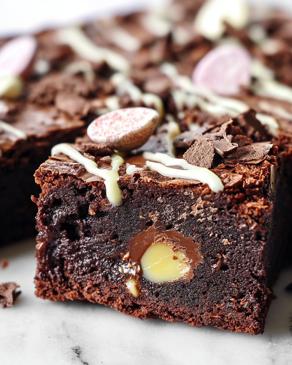 Large white rectangular baking dish filled with a whole batch of rich chocolate brownies, topped generously with a smooth drizzle of white chocolate and adorned with scattered pieces of broken pastel-colored chocolate candy shells and chunks of milk chocolate, presenting a festive and indulgent dessert, captured in a professional 3/4 angle shot on a white marble countertop with natural lighting, the entire uncut dish showcased like a hero food magazine photo taken with an iphone --ar 4:5 --v 7