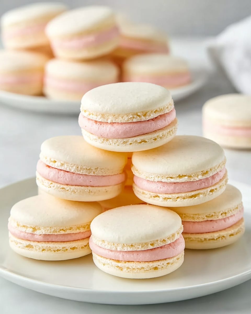 Large white plate filled with a neat stack of whole vanilla macarons, each with smooth pastel pink cream filling sandwiched between delicate, round almond meringue shells, arranged in an inviting cluster to showcase multiple macarons together, photographed from a slight 3/4 angle on a pristine white marble background with natural lighting, styled like a gourmet food magazine hero shot, photo taken with an iphone --ar 4:5 --v 7