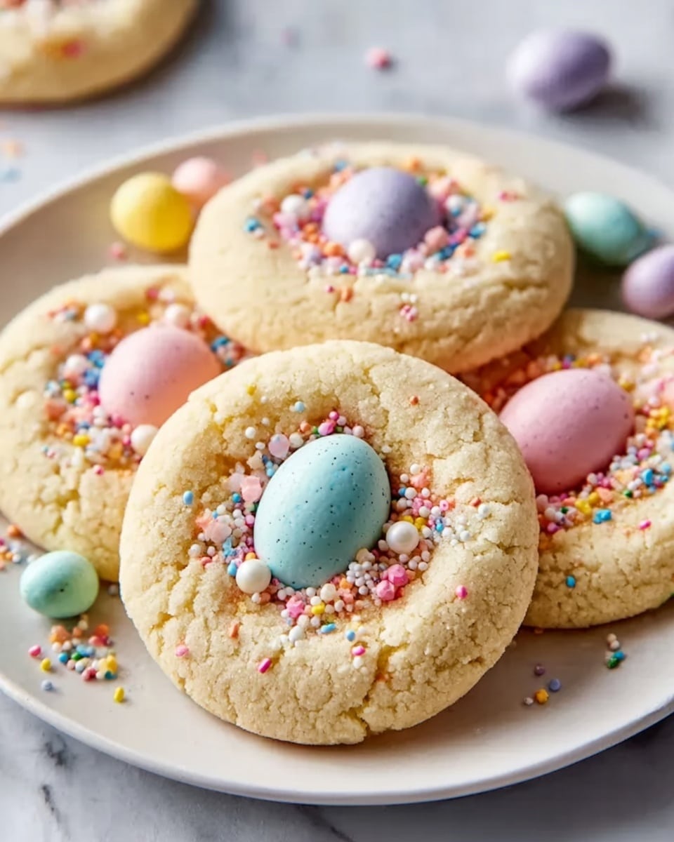 Large white round plate fully arranged with a dozen sugar cookies, each topped with a single brightly colored pastel candy egg in the center, surrounded by a circle of multicolored sprinkles, with additional pastel candy eggs scattered around the plate, all presented on a white marble surface under natural lighting in a professional food magazine hero shot, photo taken with an iphone --ar 4:5 --v 7