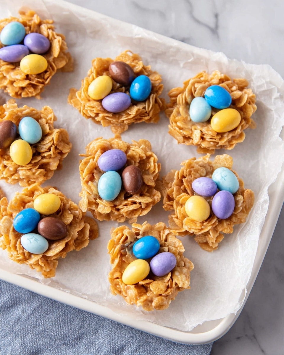 White rectangular serving platter filled with a full batch of no-bake peanut butter Easter nests, each nest composed of crunchy golden cornflakes bound together with creamy peanut butter and topped with colorful pastel candy-coated chocolate eggs in blue, yellow, purple, and brown hues, all arranged neatly on white parchment paper lining the platter, professional overhead shot on a white marble countertop with natural light enhancing the warm tones and textures, like a hero food magazine photo taken with an iphone --ar 4:5 --v 7