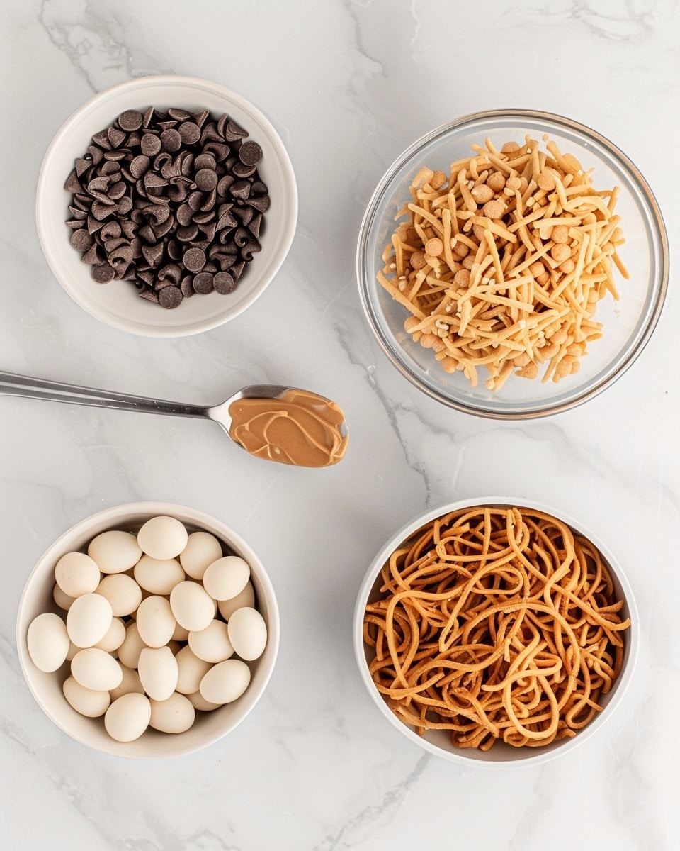 Single white plate holding one portion of peanut butter no-bake cookie cluster, showcasing glossy, textured peanut butter coating enveloping crunchy oats, topped with two colorful pastel candy-coated chocolate eggs nestled on top, close-up angled view revealing sticky surface and oat details, natural light highlighting glossy sheen, placed on white marble surface, intimate styled serving photo taken with an iphone --ar 4:5 --v 7