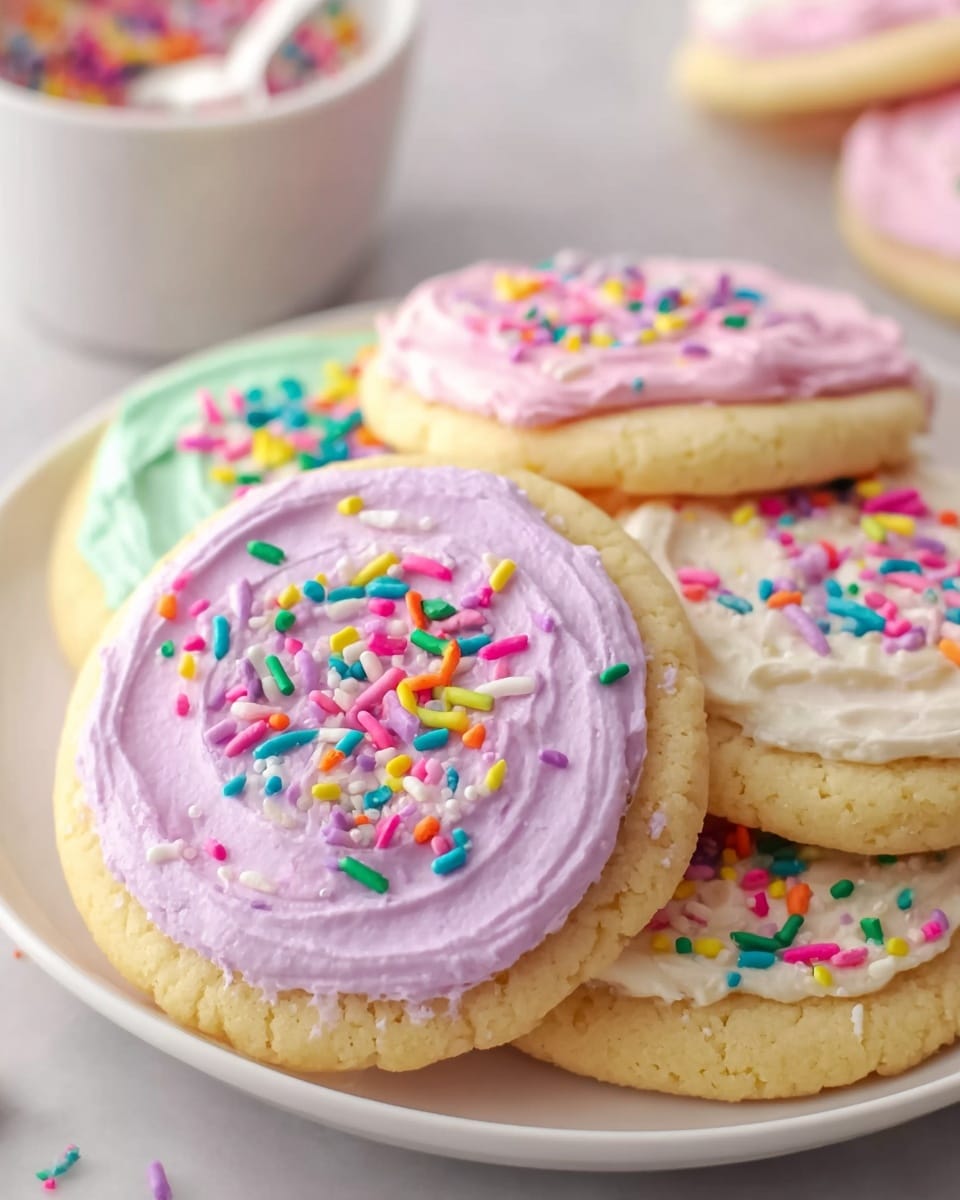 White round plate filled with a full assortment of frosted sugar cookies decorated with smooth pastel-colored icing in soft pink, lavender, yellow, and mint green hues, each topped generously with colorful rainbow sprinkles, showing the entire plate of cookies arranged neatly together, alongside a small white bowl overflowing with extra sprinkles and a spoon, photographed from a 3/4 angle on a white marble background with natural lighting, styled like a hero shot from a food magazine, photo taken with an iphone --ar 4:5 --v 7