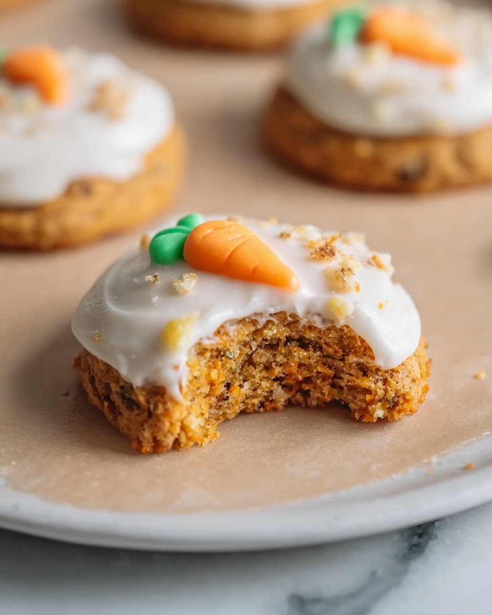 A large white rectangular platter filled with a full batch of round carrot cake cookies topped with smooth white cream cheese frosting, each decorated with tiny vibrant orange and green carrot-shaped icing and sprinkled with chopped walnuts, arranged neatly and evenly spaced across the surface, photographed from a 3/4 angle on white marble background with natural lighting, styled as a professional food magazine hero shot, photo taken with an iphone --ar 4:5 --v 7