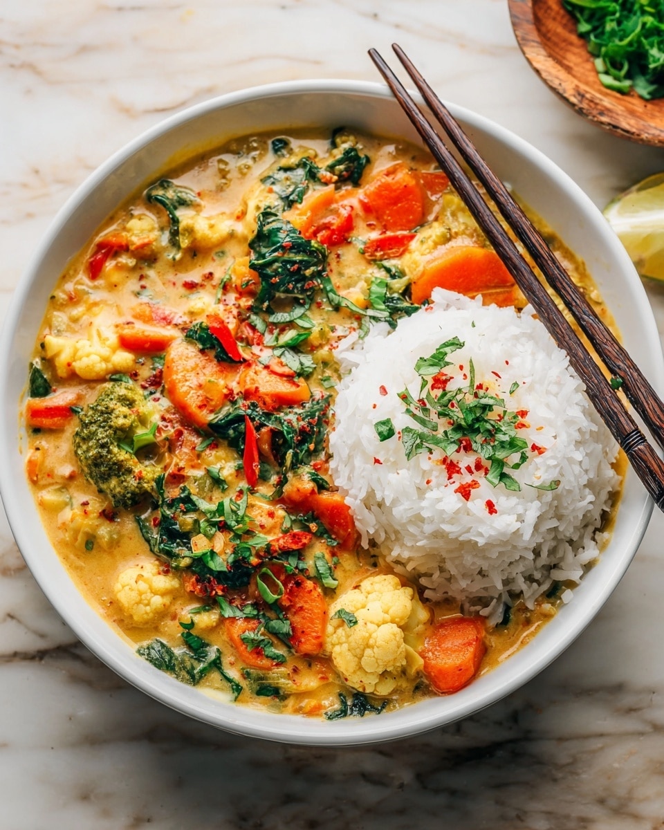 Large white sauté pan filled with creamy vegetable curry, showcasing vibrant chunks of sweet potato, bright red bell peppers, broccoli florets, and fresh spinach leaves all enveloped in a rich orange curry sauce, garnished with finely sliced green onions and a sprinkle of cracked black pepper, photographed from a 3/4 angle on a white marble countertop with natural lighting, styled as a hero shot from a food magazine, photo taken with an iphone --ar 4:5 --v 7