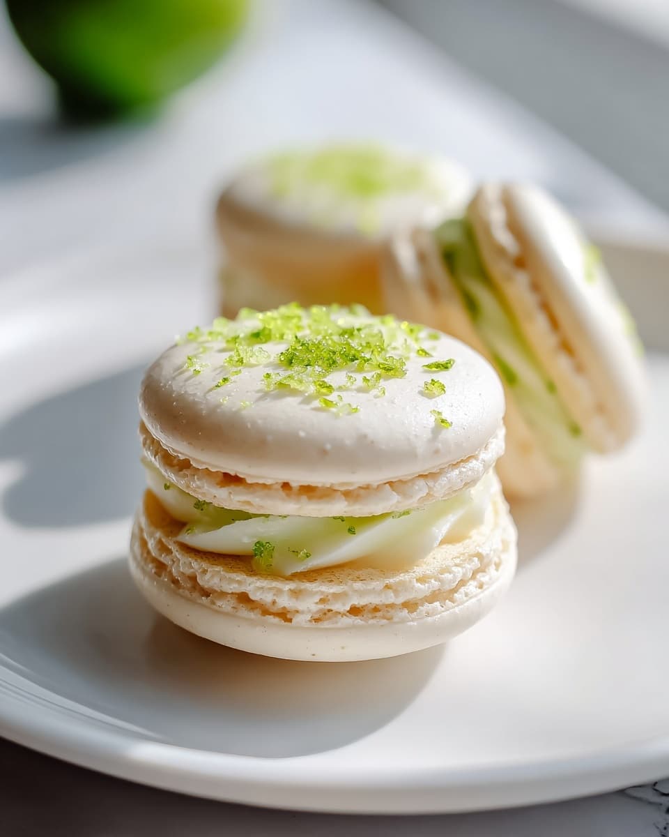 Large white plate featuring a complete assortment of elegant lime macarons, each with smooth beige shells and vibrant green filling, topped with delicate lime zest garnishes, arranged beautifully to showcase the full batch, photographed from a 3/4 angle on a white marble surface with natural lighting, styled as a professional food magazine hero shot photo taken with an iphone --ar 4:5 --v 7