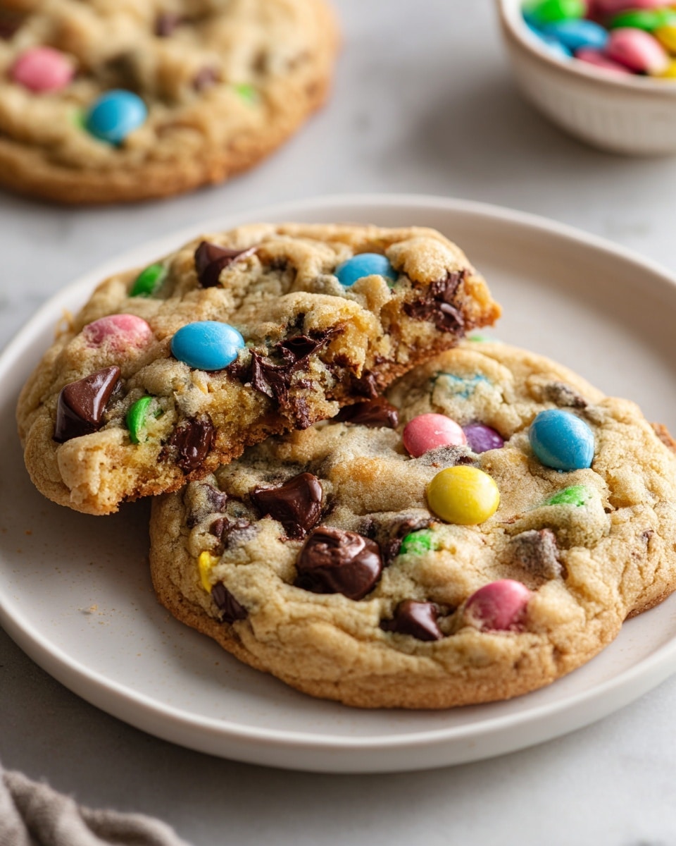 A large white rectangular baking tray filled with freshly baked Easter-themed cookies, golden brown with a chewy texture, generously studded with colorful candy-coated chocolate eggs in pastel shades of pink, blue, green, and yellow, along with scattered semi-sweet chocolate chips, all arranged neatly to showcase their festive decorations, the entire tray photographed from a professional 3/4 angle on a white marble countertop with natural lighting, resembling a hero shot from a food magazine, photo taken with an iphone --ar 4:5 --v 7