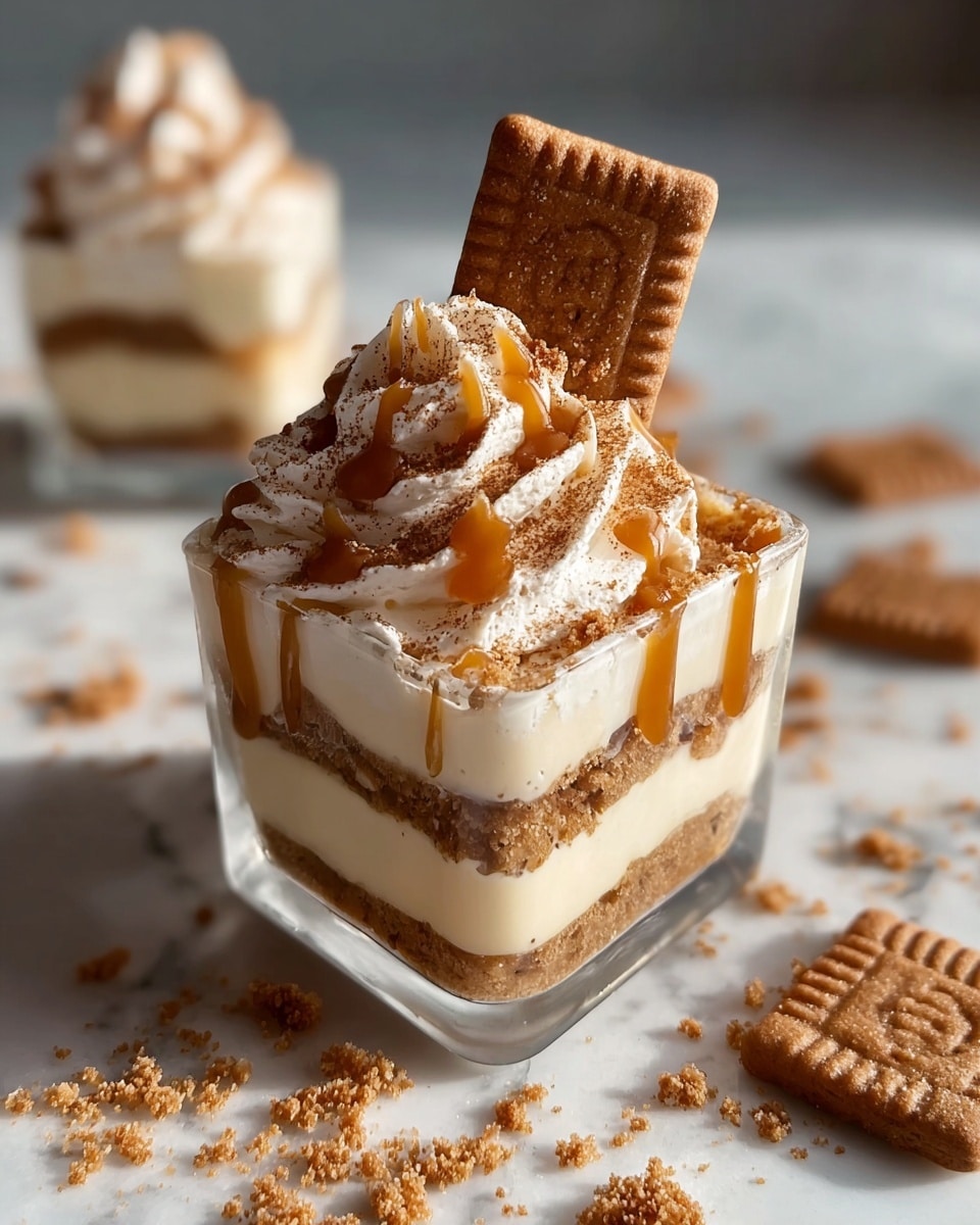 Large white rectangular glass baking dish filled with a rich layered Biscoff dessert, showcasing alternating layers of creamy Biscoff-flavored mousse and finely crushed Biscoff cookie crumbs, topped with generous swirls of whipped cream, drizzles of caramel sauce, and whole Biscoff cookies elegantly placed upright throughout the surface, set on a white marble countertop with natural lighting, professional food styling, hero shot photo taken with an iphone --ar 4:5 --v 7