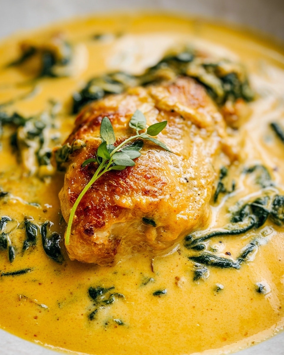 Cast iron skillet filled with an entire serving of golden-browned chicken breasts simmering in a rich, creamy turmeric sauce vibrant with swirls of fresh spinach, the sauce glossy and thick, enveloping the whole dish, shot from a 3/4 angle on a white marble countertop under natural light, styled for a professional food magazine hero shot, photo taken with an iphone --ar 4:5 --v 7