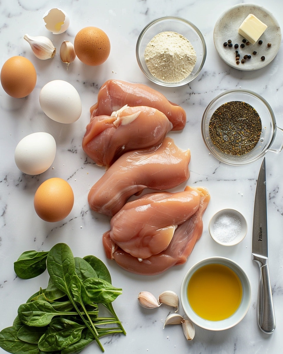 Single white plate with a plump, golden-browned chicken thigh nestled in a rich, creamy yellow sauce speckled with wilted spinach leaves, close-up angled shot emphasizing the tender, juicy texture of the chicken and the velvety sauce pooling around it, garnished with a small sprig of fresh herbs on the side, placed on a white marble surface under natural lighting, styled like a food blog individual serving, photo taken with an iphone --ar 4:5 --v 7