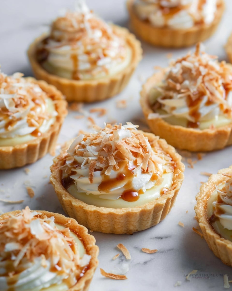 A collection of small, individual tartlets arranged on a white marble surface, each in a crisp, golden tart shell filled with creamy custard, topped with fluffy whipped cream, drizzled caramel sauce, and a generous sprinkle of toasted shredded coconut, capturing the entire ensemble in a professional 3/4 angle shot with natural lighting for a vibrant, appetizing presentation, whole dish photograph taken with an iphone --ar 4:5 --v 7