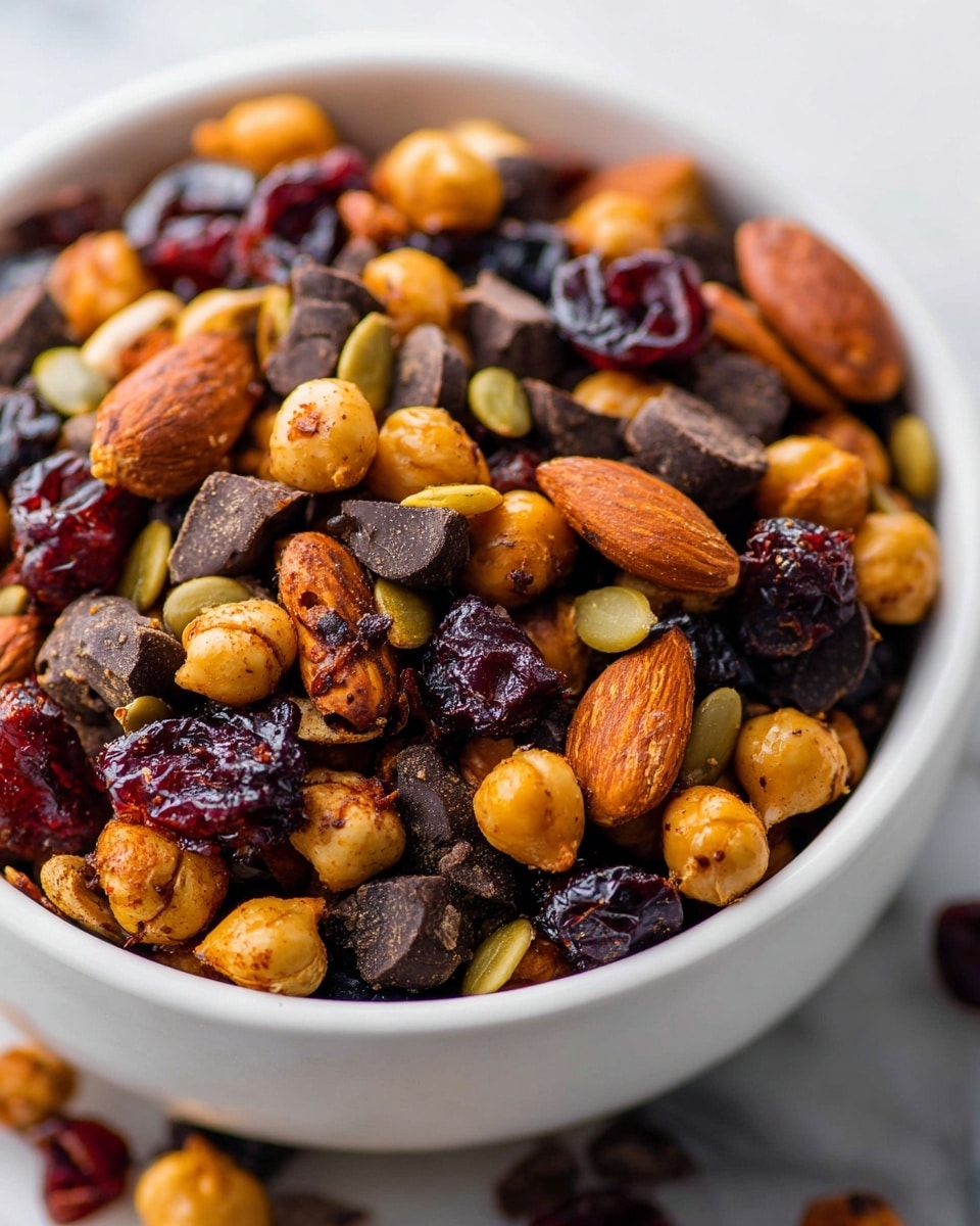 Large white bowl filled to the brim with a vibrant trail mix featuring whole roasted chickpeas, almonds, dark chocolate chips, dried cherries, and green pumpkin seeds, all mixed together with a slight glossy sheen showcasing their roasted textures. The whole dish is presented on a white marble countertop with natural lighting highlighting the rich colors and varied textures, shot from a professional 3/4 angle to capture the depth and completeness of the serving, like a food magazine hero shot, photo taken with an iphone --ar 4:5 --v 7