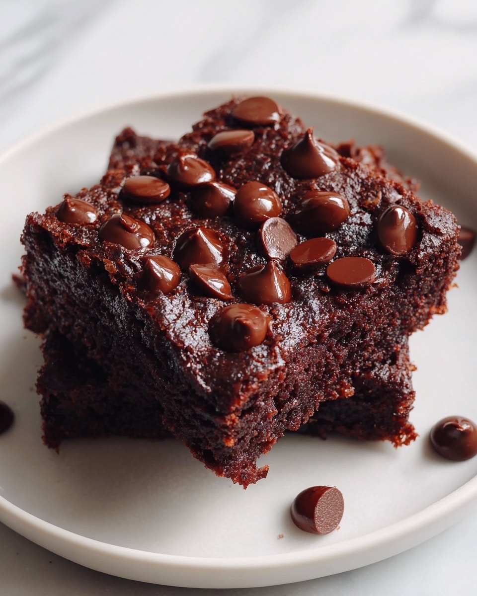 Large rectangular white baking dish filled with a dense, rich chocolate brownie topped generously with whole glossy chocolate chips, showing the entire uncut dessert with a moist and fudgy texture, placed on a white marble countertop with natural lighting, professional 3/4 angle food magazine hero shot photo taken with an iphone --ar 4:5 --v 7