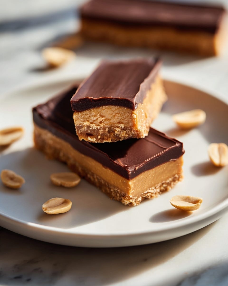 A large white rectangular baking dish filled with a full, uncut layer of chocolate peanut butter bars, showcasing a smooth, glossy dark chocolate topping over a dense, rich peanut butter base, edges clean and sharp, displayed from a professional 3/4 angle shot on a white marble background with natural lighting, styled as a hero shot from a food magazine, photo taken with an iphone --ar 4:5 --v 7