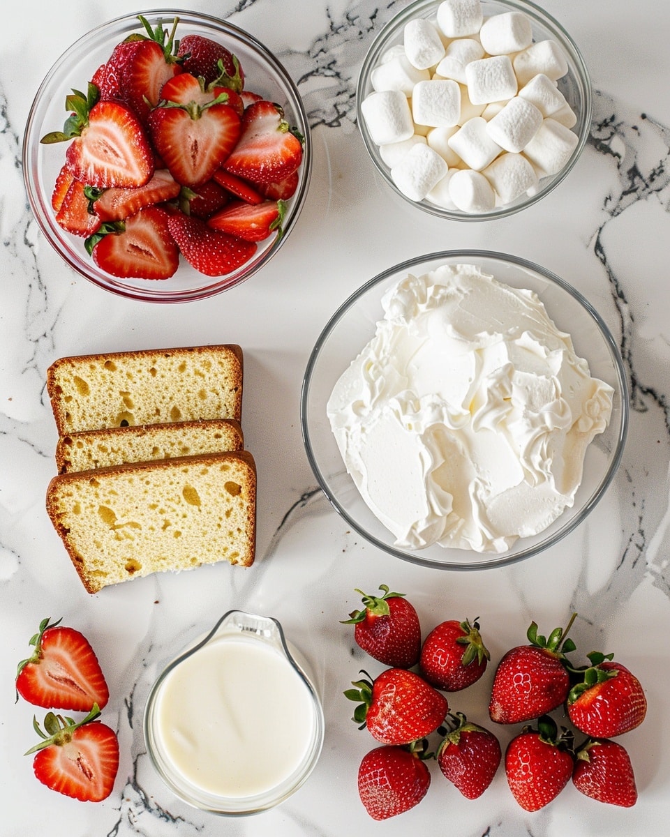Single white plate featuring a neatly sliced square portion of strawberry marshmallow dessert, showcasing layers of fluffy mini marshmallows, vibrant red strawberry pieces, and creamy white marshmallow mixture, close-up angled shot reveals the soft, airy texture and juicy strawberry bits embedded inside, garnished with a fresh strawberry slice on top, all placed on a pristine white marble surface with natural lighting, styled like a food blog serving, photo taken with an iphone --ar 4:5 --v 7