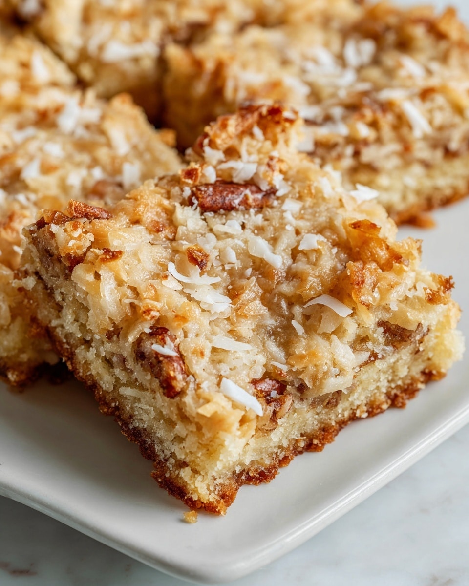 Large white rectangular baking dish filled with a whole batch of golden-baked blondies topped generously with shredded coconut flakes and chopped pecans, the surface textured and inviting with a slightly crisp edge, shot from a 3/4 angle showcasing the entire uncut dessert, styled on a white marble countertop with natural lighting, professional food magazine hero shot photo taken with an iphone --ar 4:5 --v 7