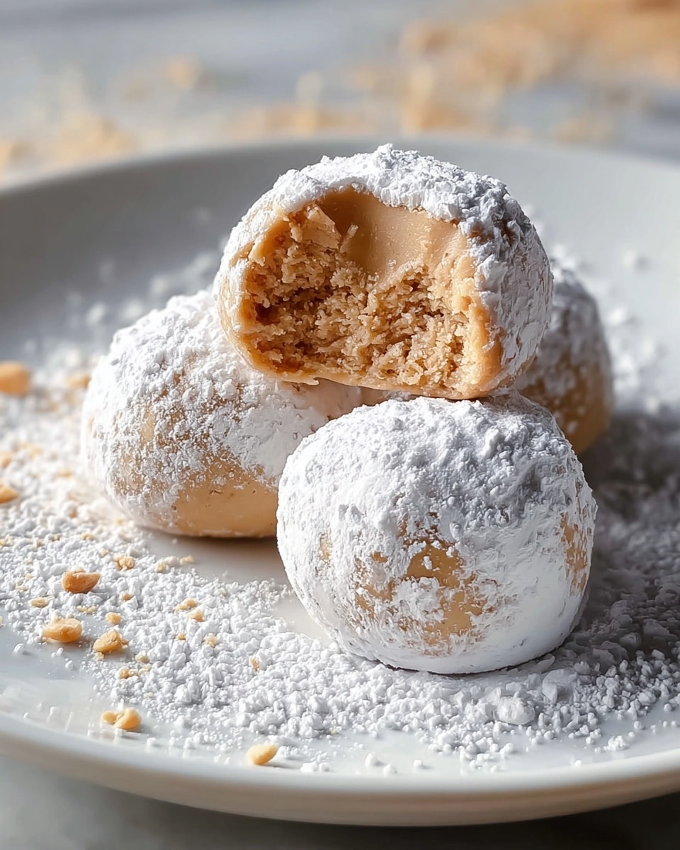 White round plate filled with an entire batch of smooth, beige marzipan balls dusted generously with powdered sugar, perfectly round and uniformly coated, arranged closely together to showcase their enticing texture and creamy interiors, whole dish presented on a white marble countertop with natural light highlighting the delicate powdered sugar, professional food styling photo taken with an iphone --ar 4:5 --v 7