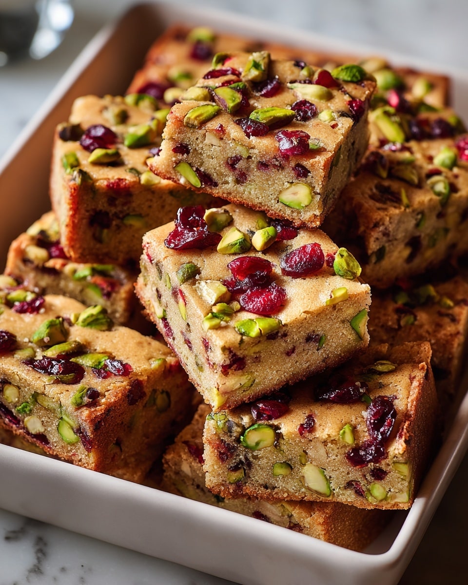 Large white rectangular baking dish filled with a whole batch of rich, dense blondies embedded generously with vibrant green pistachios and deep red cranberries scattered throughout and on top, showcasing a smooth, golden-brown crust, photographed at a 3/4 angle on a white marble countertop with natural lighting, styled as a professional food magazine hero shot, photo taken with an iphone --ar 4:5 --v 7