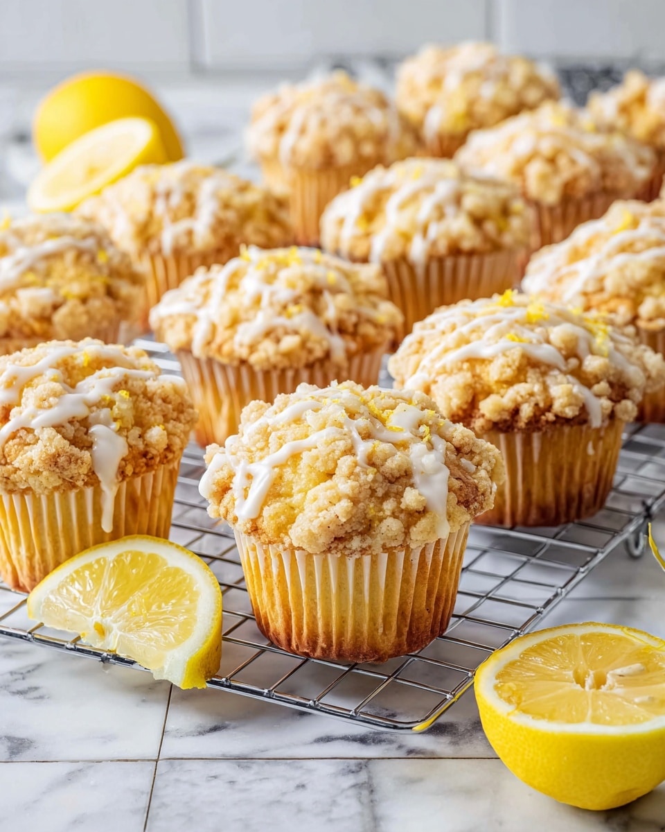 A dozen lemon crumb muffins arranged on a white cooling rack, each muffin topped with a generous golden crumb streusel and drizzled with smooth lemon icing, accompanied by fresh lemon halves for garnish, the entire scene set on a white marble countertop with a professional food styling, natural lighting highlighting the soft texture and vibrant yellow hues, photo taken with an iphone --ar 4:5 --v 7