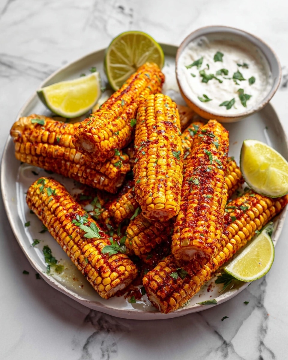 Large white platter filled with multiple whole grilled corn cobs seasoned with chili powder and sprinkled with fresh green herbs, accompanied by lime wedges and a small bowl of creamy herb dipping sauce, photographed from a 3/4 angle on a white marble countertop with natural lighting, styled as a vibrant, appetizing hero food magazine shot, photo taken with an iphone --ar 4:5 --v 7