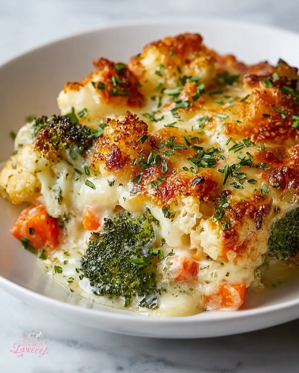 Large white ceramic baking dish filled with a creamy vegetable casserole featuring whole florets of broccoli and cauliflower, thick slices of tender carrots, all smothered in a bubbling, golden-browned cheese sauce, sprinkled with finely chopped fresh herbs on top, perfectly baked to a slightly crispy, lightly caramelized finish, displayed on a white marble countertop with natural lighting, professional 3/4 angle food magazine style photo taken with an iphone --ar 4:5 --v 7