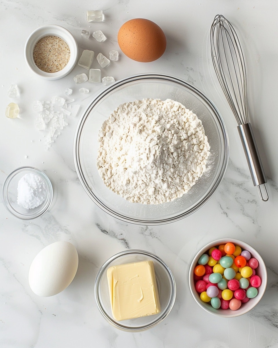 Single white plate holding one soft, chewy sugar cookie topped with three colorful jelly beans nestled in the center, close-up angled shot revealing the cookie's tender crumb texture and slight golden edges, vibrant red, purple, and yellow jelly beans contrasting with the pale cookie, small crumbs scattered on the plate, set on white marble surface under natural lighting, styled as a ready-to-eat individual serving from a food blog, photo taken with an iphone --ar 4:5 --v 7