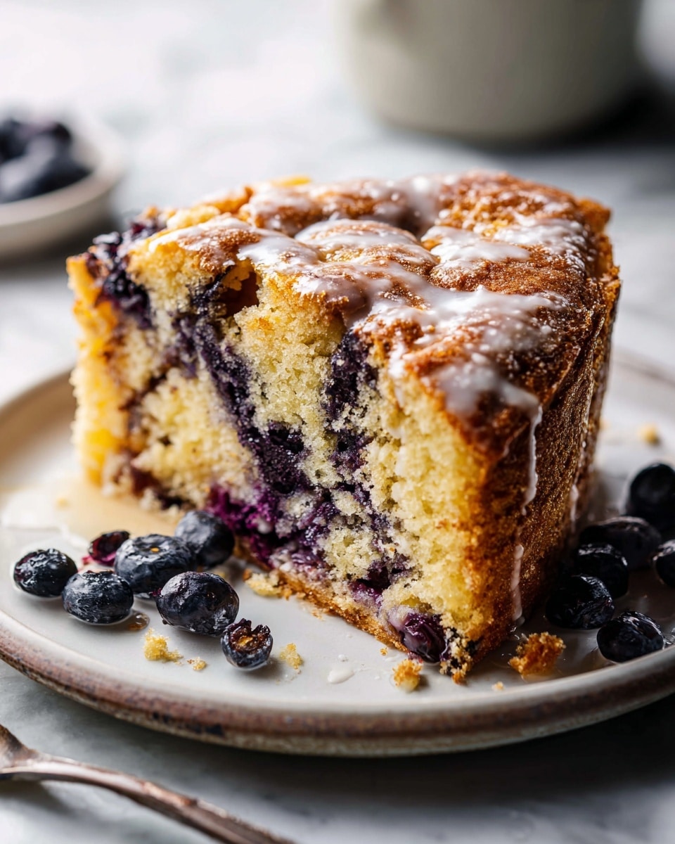 Whole round blueberry coffee cake on white parchment paper, golden crust with swirls of cinnamon sugar and glaze drizzled on top, rustic knife beside it on a dark surface, overhead shot capturing the entire uncut cake with visible pockets of blueberries inside, natural lighting on white marble background, professional food magazine hero shot photo taken with an iphone --ar 4:5 --v 7