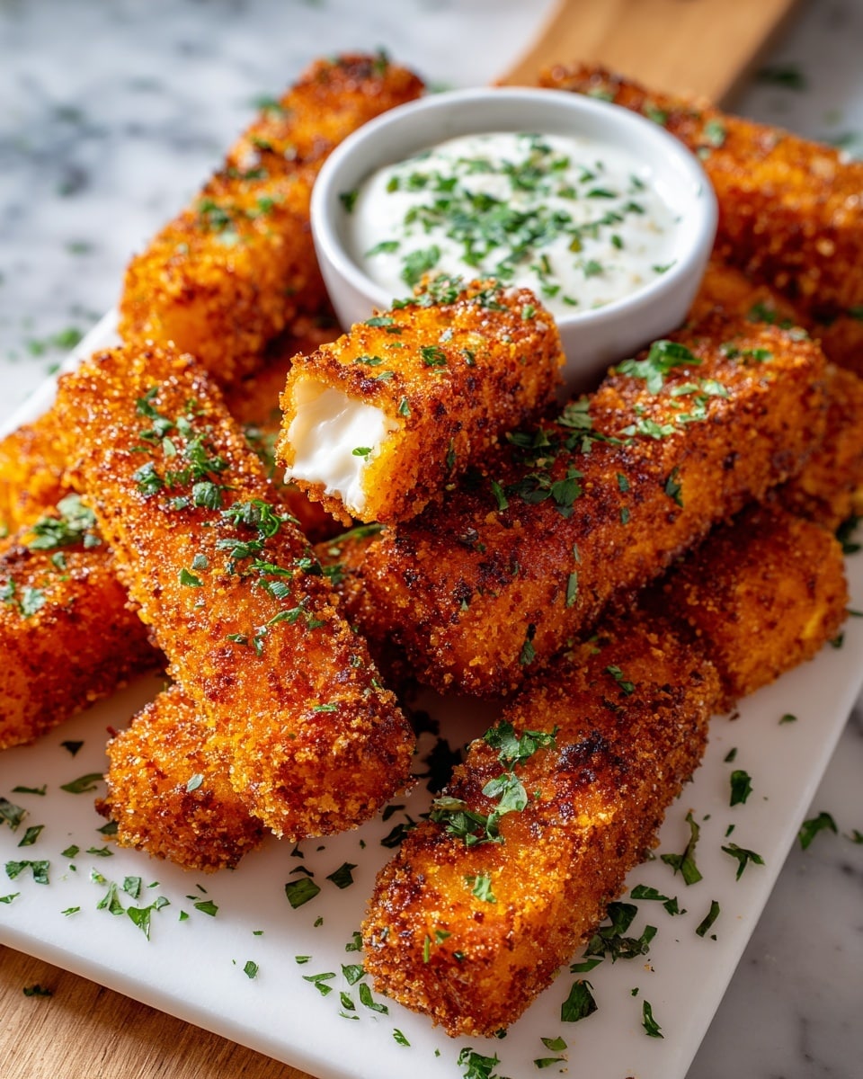 White rectangular serving platter filled with a full batch of crispy golden fried mozzarella sticks, each perfectly coated in crunchy, seasoned breadcrumbs and sprinkled with fresh chopped parsley, accompanied by a white ramekin of creamy ranch dipping sauce garnished with green herbs, all presented on a white marble countertop with natural light highlighting the rich textures and vibrant colors, professional food styling photo taken with an iphone --ar 4:5 --v 7