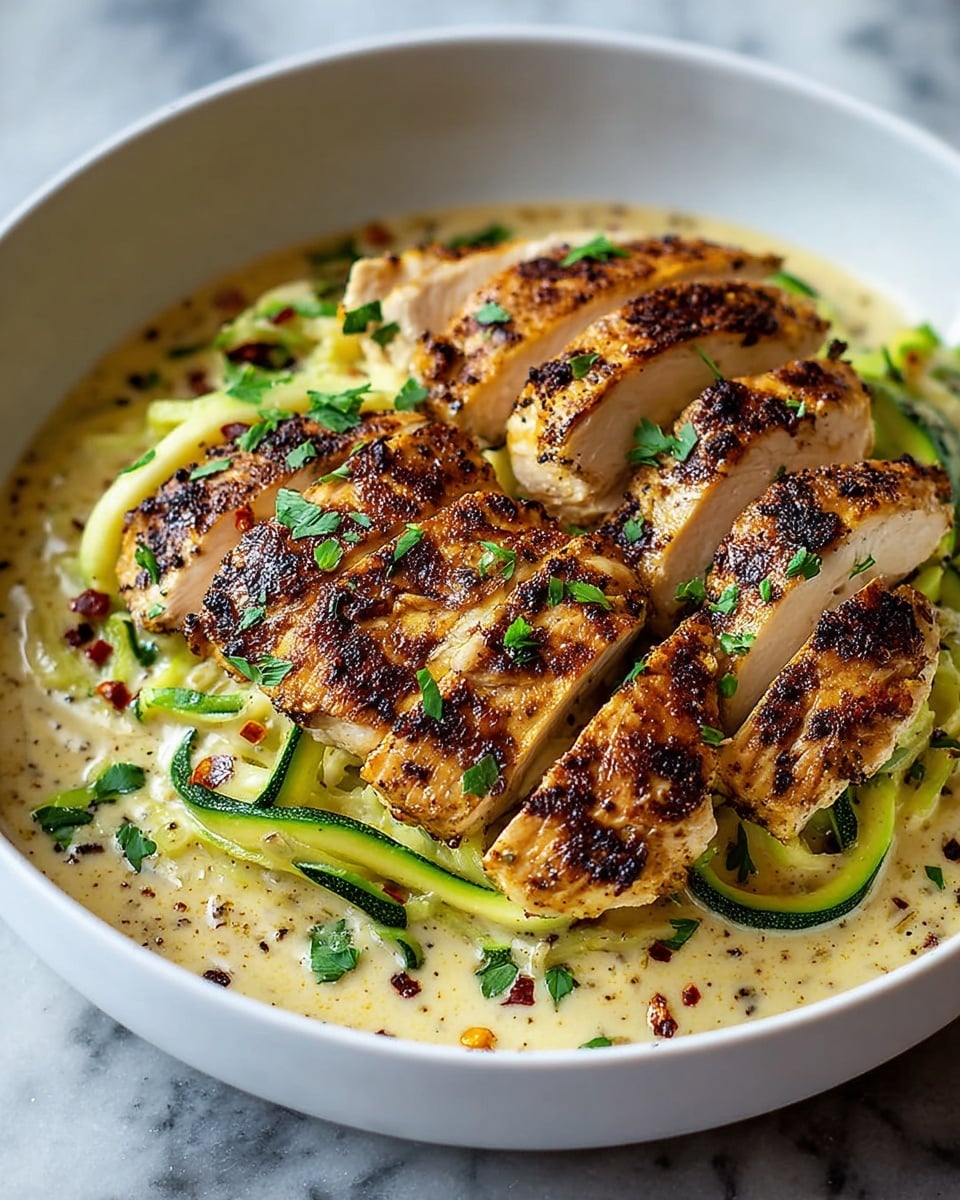 Large white bowl filled with a whole serving of creamy zucchini noodles tossed in a rich, velvety sauce, topped with a perfectly grilled, golden-brown chicken fillet seasoned with herbs and spices, garnished with fresh rosemary sprigs and crushed red pepper flakes, entire dish presented in a clean white bowl on a white marble countertop, natural lighting emphasizing vibrant colors and textures, professional food magazine hero shot, photo taken with an iphone --ar 4:5 --v 7