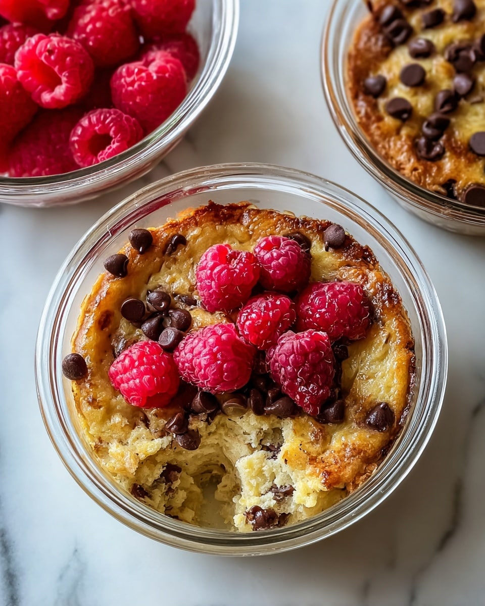 Three large white bowls filled with freshly baked individual sweet bread puddings, one topped generously with glossy melted chocolate chips, another crowned with plump fresh raspberries and scattered chocolate nibs, and the third sprinkled with juicy chunks of baked cherries and powdered sugar, all bowls arranged neatly together on a white marble countertop, captured in natural light with a professional food magazine hero shot style, photo taken with an iphone --ar 4:5 --v 7