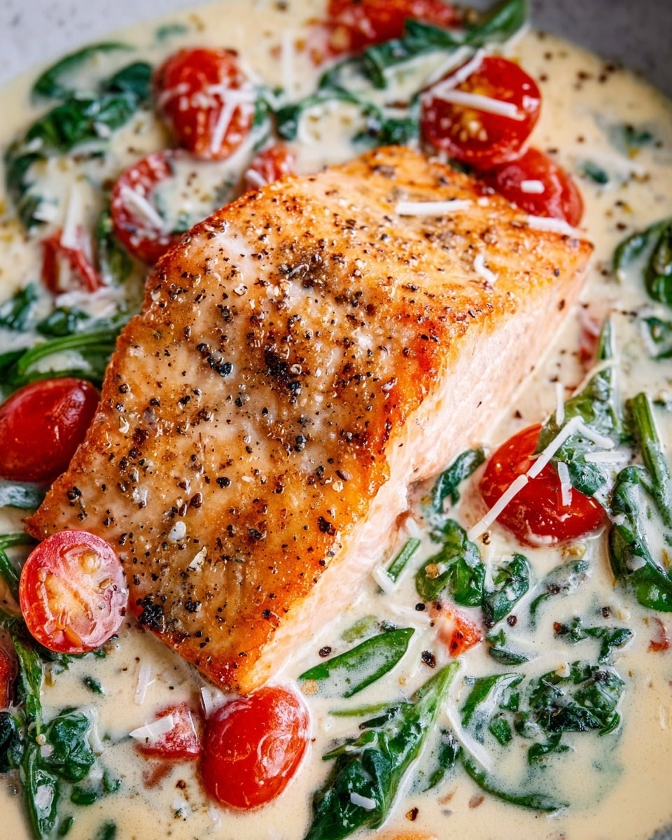 Large white skillet filled with whole, perfectly seared salmon fillets nestled in a creamy, rich sauce with bright cherry tomatoes, fresh spinach leaves, and sprinkled with grated cheese and cracked black pepper, garnished with vibrant green basil leaves, shot at a professional 3/4 angle on a white marble countertop with natural lighting, capturing the entire dish as a hero food magazine shot, photo taken with an iphone --ar 4:5 --v 7