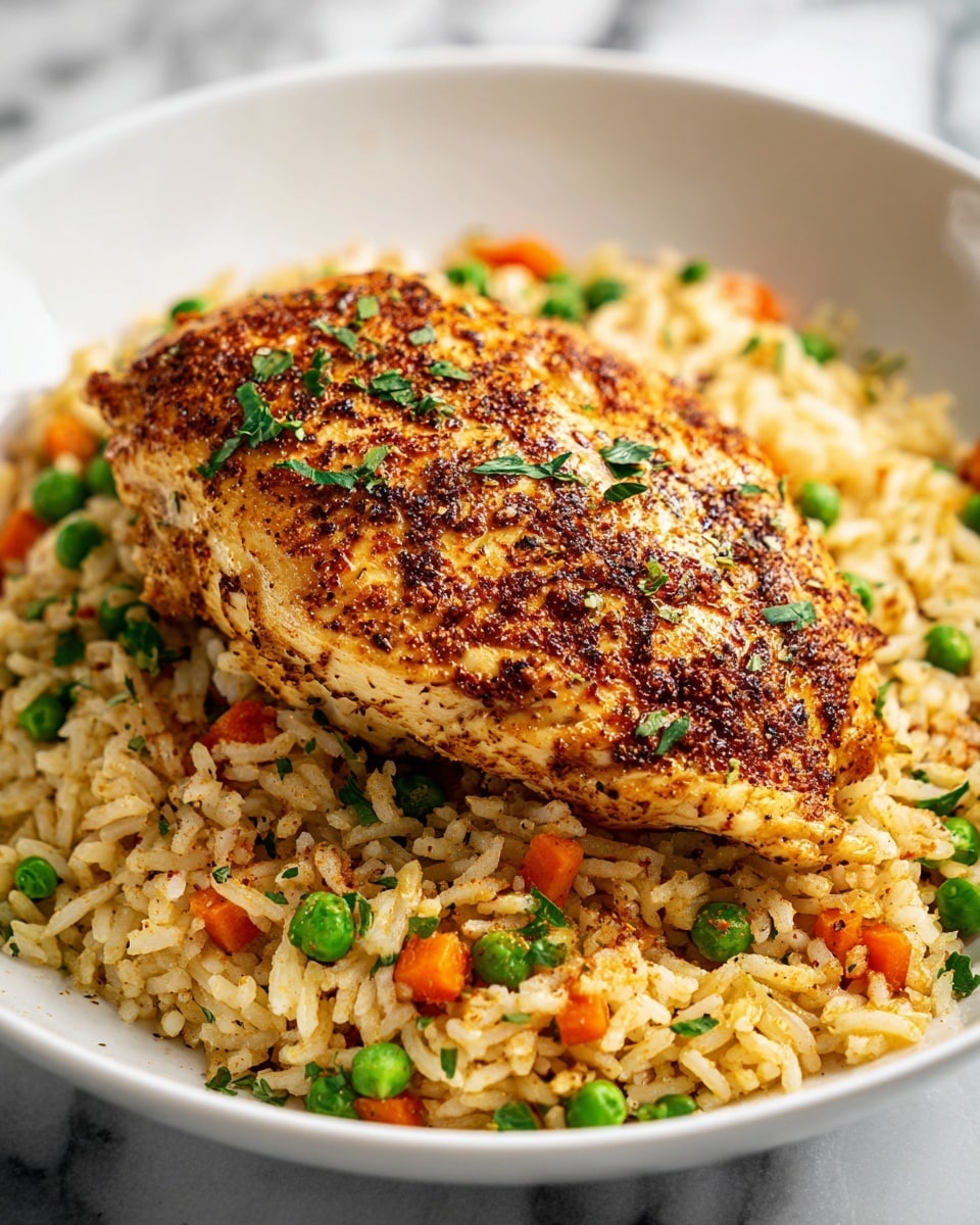 Large white oval serving platter featuring a whole perfectly cooked, golden brown roasted chicken breast seasoned with cracked black pepper and fresh herbs, accompanied by a generous mound of vibrant vegetable fried rice with peas, diced carrots, and garnished with chopped parsley, all presented on a white marble surface with natural light highlighting the textures, styled as a professional hero shot from a food magazine, photo taken with an iphone --ar 4:5 --v 7