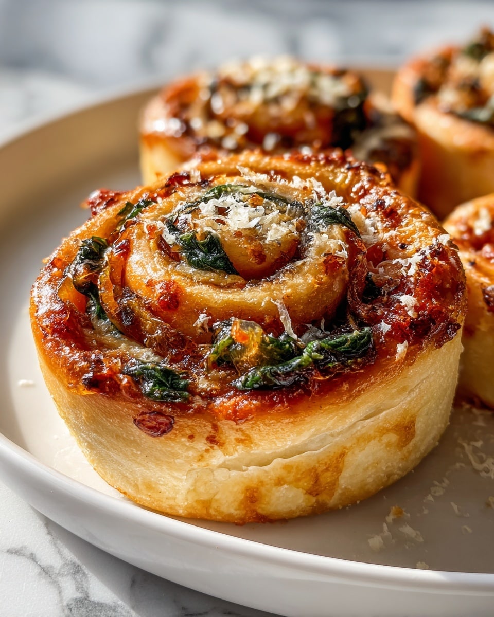 Large white rectangular glass baking dish filled with freshly baked savory pinwheel rolls tightly packed in rows, each roll showcasing golden, fluffy dough spiraled with rich tomato sauce, melted cheese, sautéed spinach leaves, and tender onion slices, perfectly browned edges with a light sprinkle of grated Parmesan and herbs on top, photographed in a professional 3/4 angle shot on pristine white marble countertop with natural lighting, whole dish in full frame like a hero food magazine feature, photo taken with an iphone --ar 4:5 --v 7