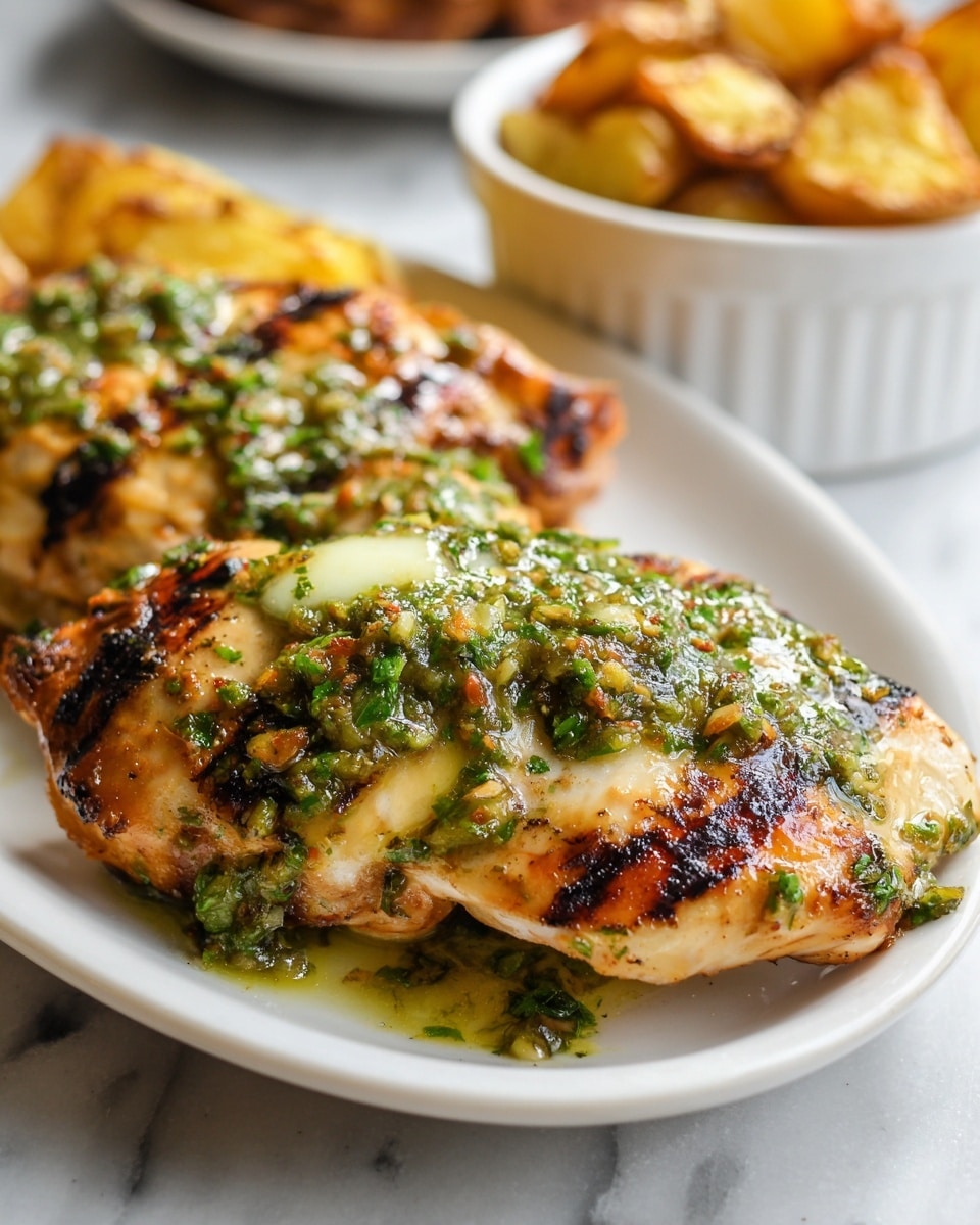 Large white rectangular platter showcasing multiple pieces of perfectly grilled chicken thighs topped with melted butter and vibrant green chimichurri sauce, garnished with finely chopped fresh herbs, arranged alongside a white bowl filled with crispy roasted potatoes, all set on a white marble countertop, professional 3/4 angle food magazine style shot with natural lighting, photo taken with an iphone --ar 4:5 --v 7