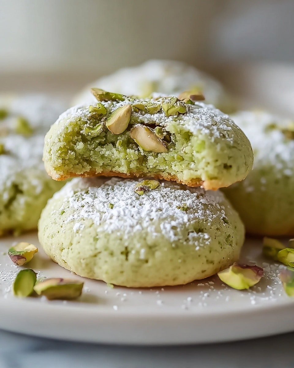 White serving plate arranged with a full stack of whole green pistachio cookies, each rounded and generously sprinkled with powdered sugar, topped with scattered whole pistachio nuts, showcasing the soft and moist texture inside with visible crushed pistachios, presented beautifully on a white marble surface under natural light, capturing the complete dish in a professional 3/4 angle food magazine hero shot, photo taken with an iphone --ar 4:5 --v 7
