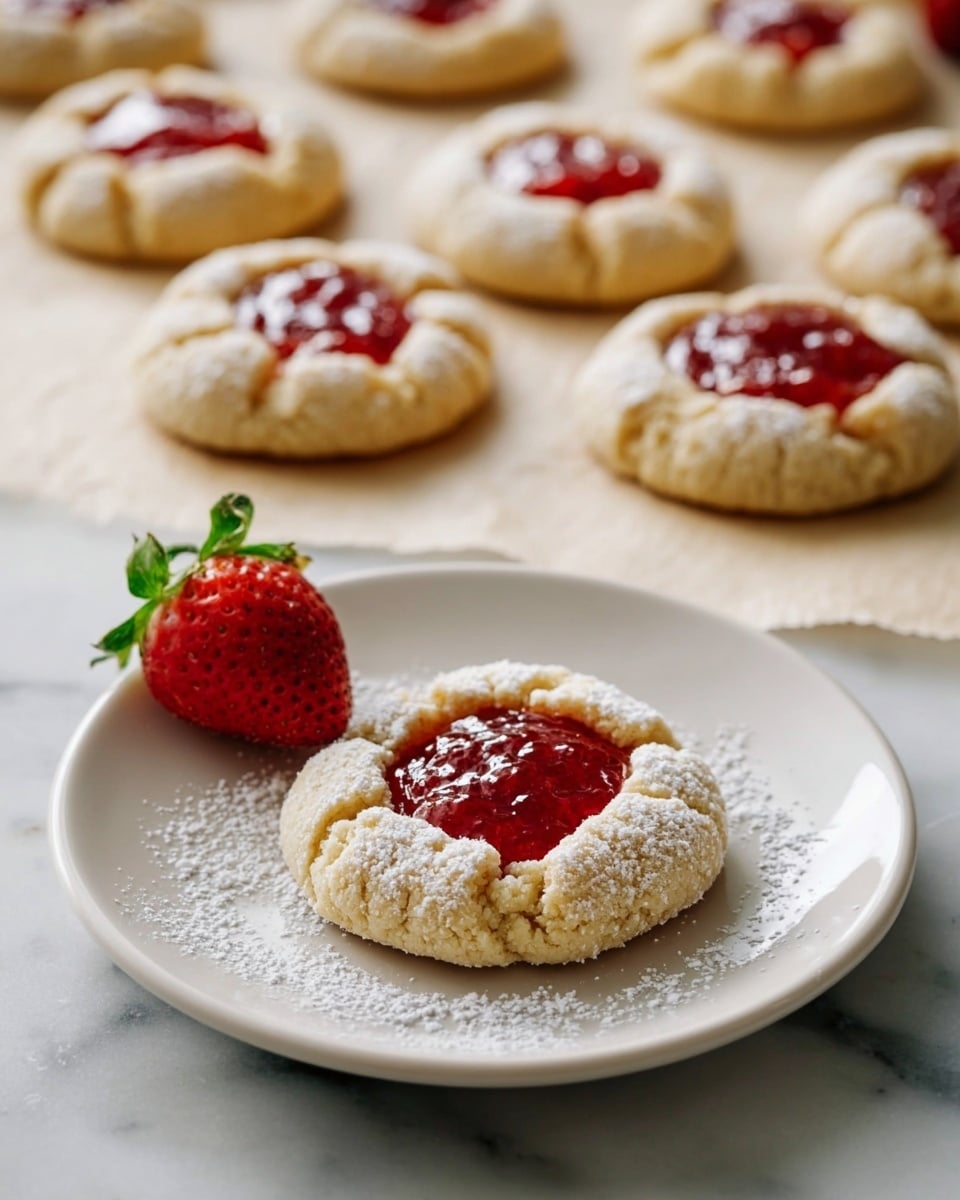 A large white rectangular serving tray filled with fifteen uniformly arranged thumbprint cookies, each with soft golden edges and a shiny pool of bright red strawberry jam in the center, dusted lightly with powdered sugar, accompanied by fresh whole strawberries and a small white bowl of additional strawberry jam on the side, photographed from a 3/4 angle with natural lighting on a white marble countertop, professional food styling photo taken with an iphone --ar 4:5 --v 7