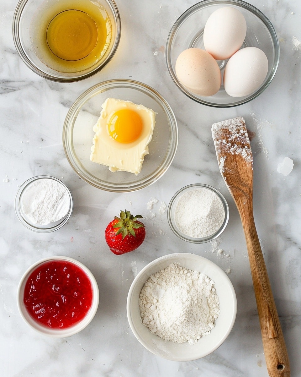 Single white plate with a close-up view of one golden thumbprint cookie filled with glossy strawberry jam, showing the soft, tender crumb texture and slight cracks around the jam-filled center, dusted lightly with powdered sugar, garnished with a fresh strawberry on the side, placed on a white marble surface under natural light, styled as an inviting individual serving from a food blog, photo taken with an iphone --ar 4:5 --v 7