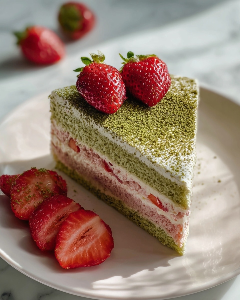 A whole, round cheesecake presented on a white plate, topped evenly with a smooth layer of fine green matcha powder covering the entire surface, no slices taken, surrounded by fresh strawberries on a white marble countertop, shot with natural lighting from a 3/4 angle highlighting the cake's creamy texture and green topping, styled as a professional food magazine hero shot, photo taken with an iphone --ar 4:5 --v 7
