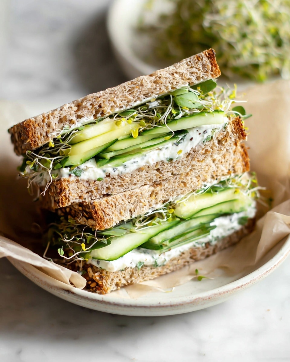A whole white plate with a freshly made cucumber and avocado sandwich on whole grain bread, generously layered with creamy herb spread, slices of ripe avocado, thick cucumber pieces, and topped with a fresh handful of crisp sprouts, presented as a complete sandwich without any slices missing, photographed in a professional 3/4 angle shot on a white marble surface, bathed in natural light for a clean and fresh look, styled like a hero food magazine shot photo taken with an iphone --ar 4:5 --v 7