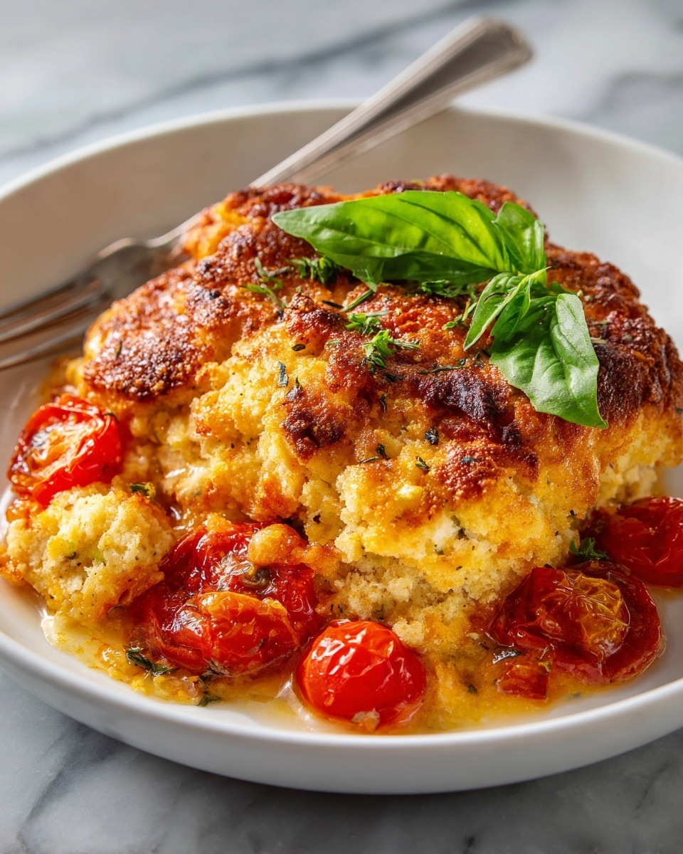 Rectangular white ceramic baking dish filled with a golden brown baked casserole topped with perfectly browned biscuit-like dollops, interspersed with whole roasted cherry tomatoes peeking through the rich, bubbling tomato and cheese sauce beneath, arranged neatly to showcase the entire uncut dish, photographed from a 3/4 angle on a pristine white marble surface with natural lighting, styled as a professional hero shot from a food magazine, photo taken with an iphone --ar 4:5 --v 7