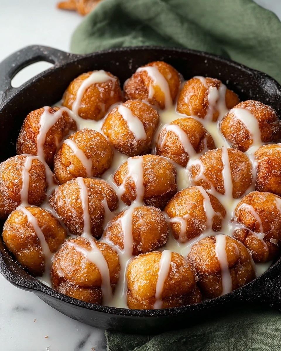Black cast iron skillet filled with a whole batch of golden-brown cinnamon sugar monkey bread balls, generously drizzled with creamy white glaze, arranged tightly packed in the pan, showcasing their round soft texture and caramelized cinnamon coating, photographed from a 3/4 angle on a white marble background with natural lighting, styled as a professional hero food shot photo taken with an iphone --ar 4:5 --v 7