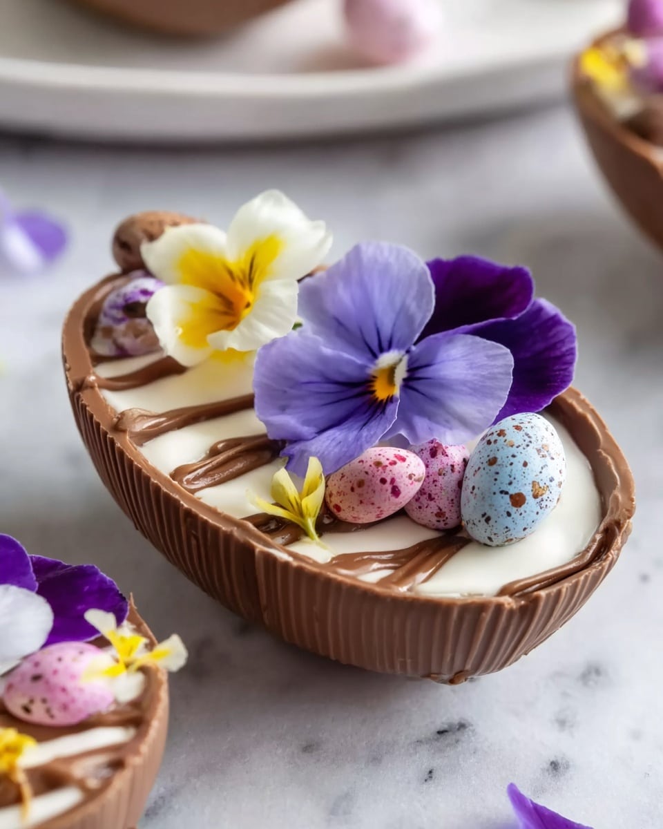A large white oval serving platter featuring a whole, uncut chocolate bunny-shaped dessert, richly decorated with smooth white and milk chocolate drizzle, topped with pastel-colored speckled mini candy eggs, vibrant edible flowers in purple and white hues, and crumbled cookie crumbs artfully scattered around. The entire dessert is presented on a white marble surface with natural lighting, styled to highlight its festive and elegant appearance, professional food magazine hero shot, photo taken with an iphone --ar 4:5 --v 7