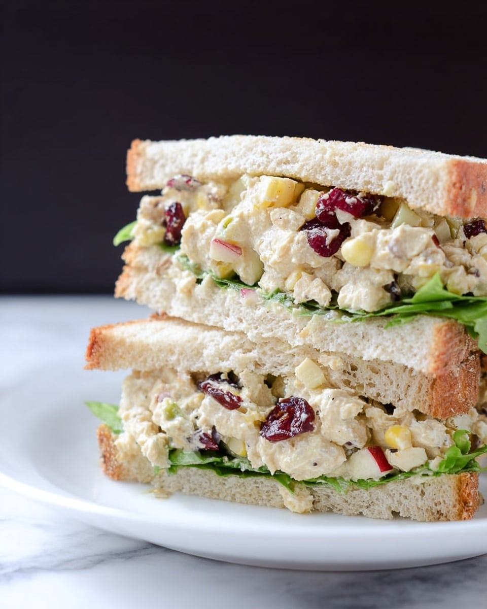 A large white rectangular platter filled with multiple stacked chicken salad sandwiches made with whole grain bread, overflowing with a creamy mixture of diced chicken, celery, dried cranberries, and fresh spinach leaves, arranged neatly and inviting, displayed on a white marble countertop with natural lighting, professional food magazine hero shot photo taken with an iphone --ar 4:5 --v 7