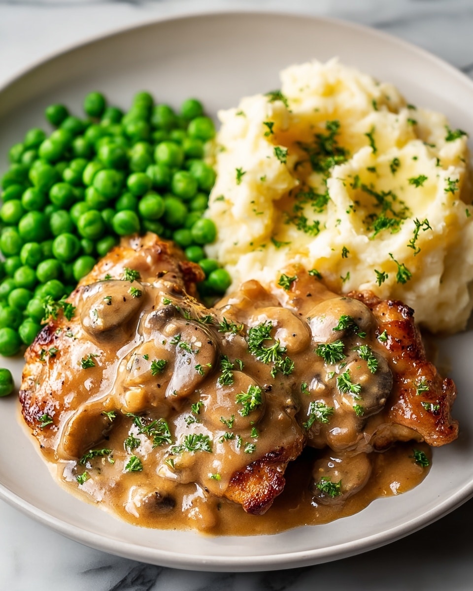 Large white ceramic baking dish filled with creamy chicken scallopini smothered in rich, lightly browned mushroom sauce with whole peas scattered on top, accompanied by a generous portion of cheesy, herb-speckled risotto nestled beside bright green peas, whole dish captured from a 3/4 angle on a white marble countertop with natural light highlighting the textures, styled as a hero food magazine shot, photo taken with an iphone --ar 4:5 --v 7